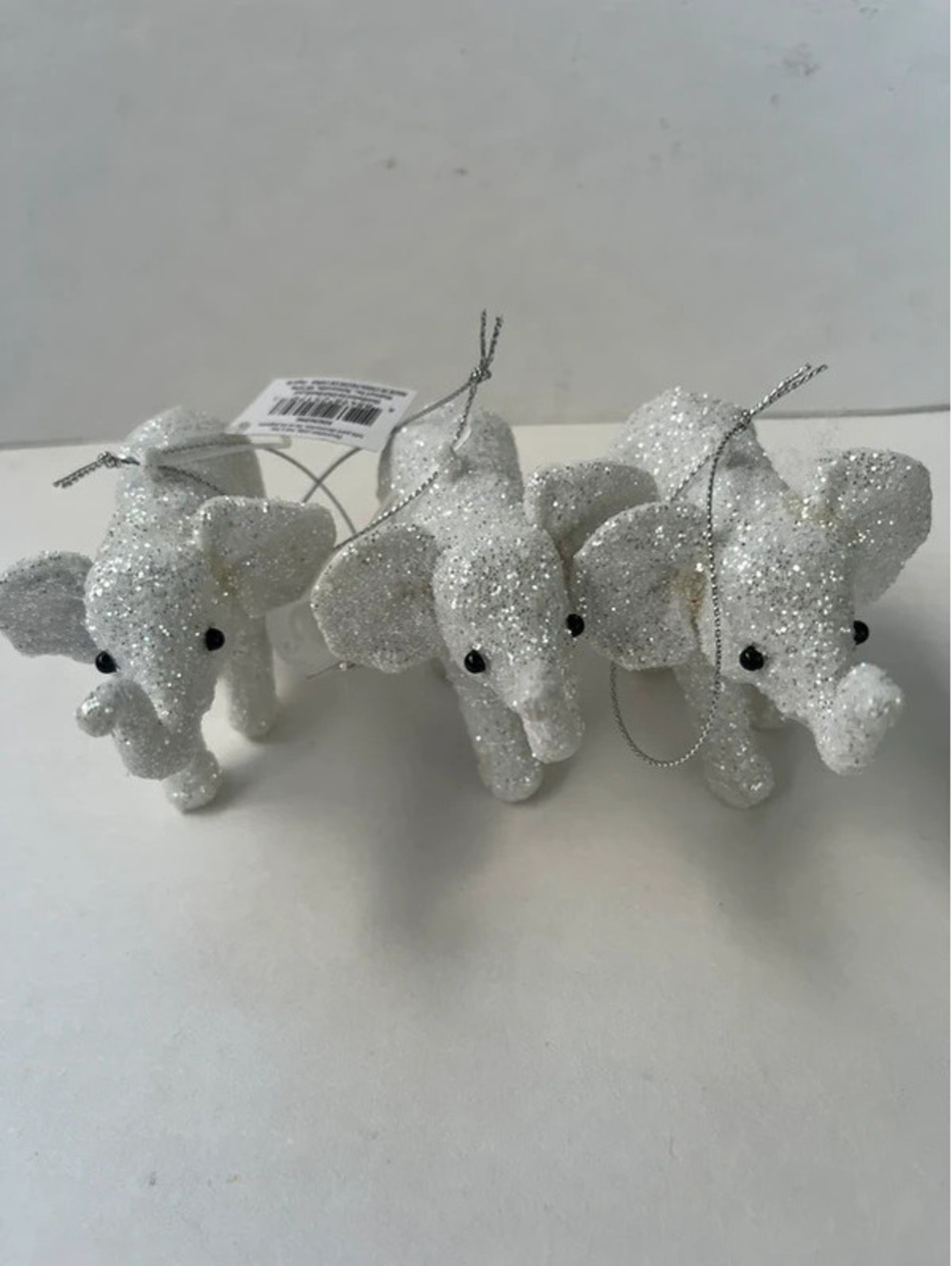 Wet of 3 white silver glitter elephants Christmas ornaments